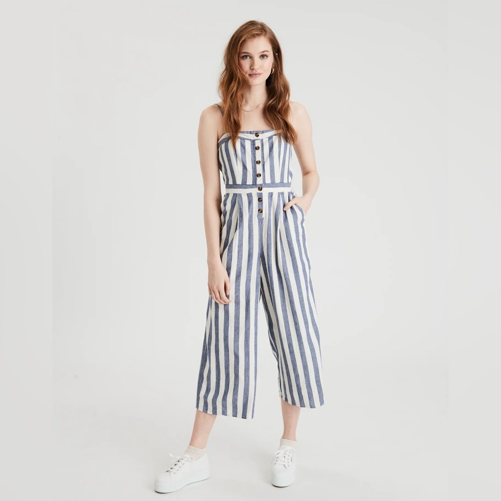 American Eagle Outfitters striped button front tube Blue and White Jumpsuit